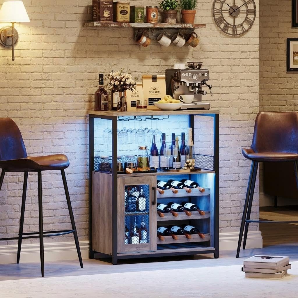 Home Bar And Cabinet - 3段式ワインバーキャビネット、LEDライト付き、調整可能な収納スペース、リキュールラック、グラスホルダー、メッシュドア、サイドボード、ホームダイニングルーム用、カスタマイズ可能