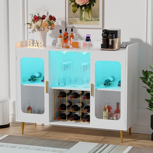 Home Bar And Cabinet - 電源コンセントとLEDライト付きリカーキャビネットバー、ワインとグラスラック付きワインバーキャビネット、ホームコーヒーバー